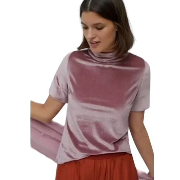 By Anthropologie Pink Rose Krista Velvet short sleeve mockneck top holiday girly - Picture 1 of 12